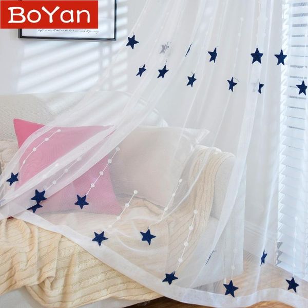 

curtain & drapes yellow/navy stars embroidered voile curtains for living room kids bedroom meteor window treatment sheer tulle kitchen