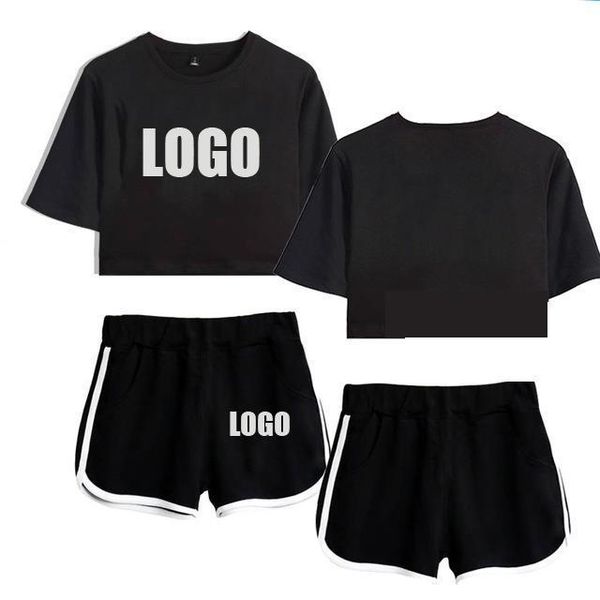 

customize logo two piece set women tracksuits summer cotton short sleeve t shirt 2 crop shorts 12599 txdk, Gray