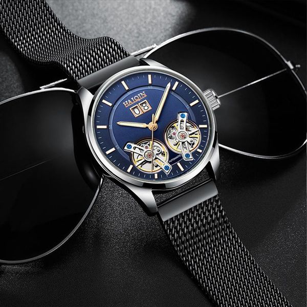 

wristwatches haiqin men's watches mechanical automatic mens double tourbillon clocks waterproof men watch montre homme, Slivery;brown