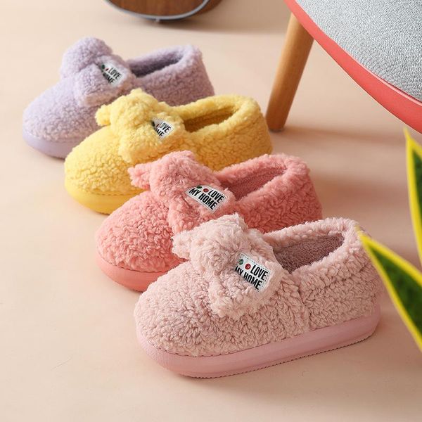 

fashion plush bow slippers home warm thick bottom indoor cotton women slides cute ladies soft shoes female footwear, Black
