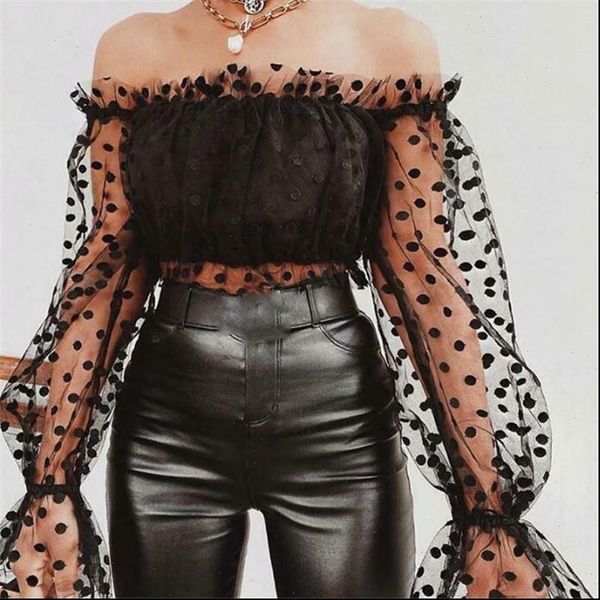 

women womens blouses ladies lace see through blouse summer black polka dot puff long sleeve short shirt female, White