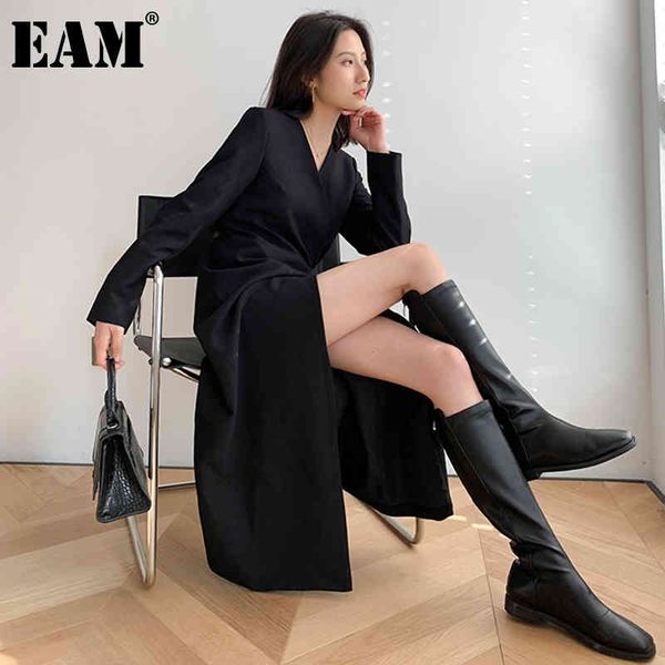 

[eam] women black slit big size belt casual dress v-neck long sleeve loose fit fashion spring autumn 1dd6255 21512, Black;gray