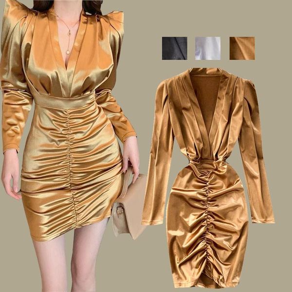 

casual dresses bag hip pleated bodycon dress women long sleeve night club party bandage mini sequined satin yellow clothes vestido, Black;gray