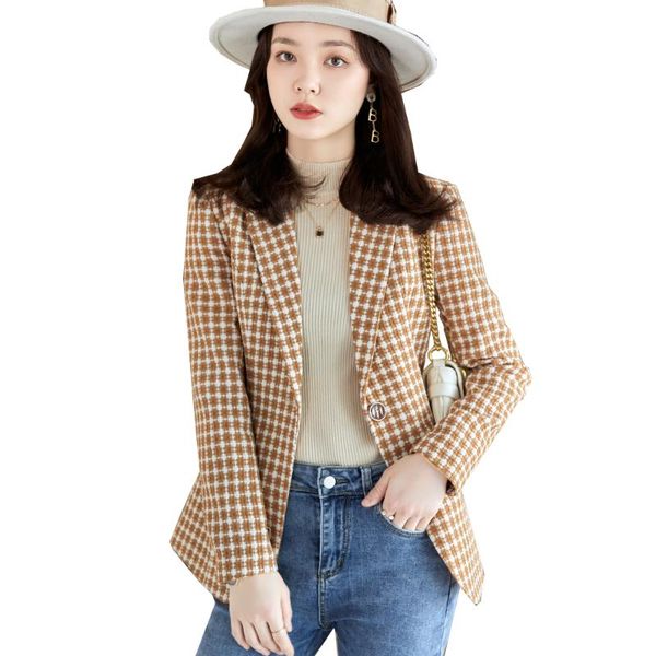 

women's suits & blazers woman yellow black plaid blazer arrival autumn winter outwear casual jackets female slim single button coat jac, White;black
