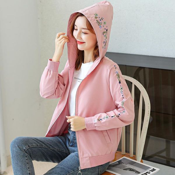

women's jackets women spring autumn coat floral embriodery hooded basic long sleeve baseball bomber jacket trendy female outerwear, Black;brown