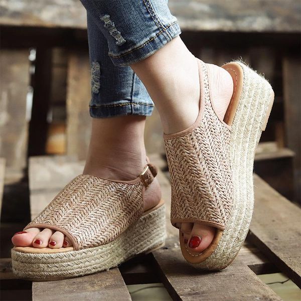 

woman summer straw buckle vintage women open toe bohemia sandals ladies platform wedges female women's plus size 43, Black