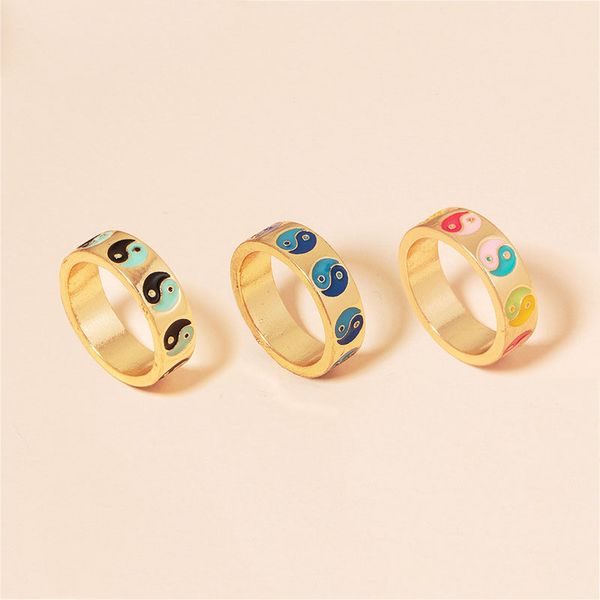 

drip glaze colorful taiji yin and yang contrast gold color metal rings for women girls retro jewelry, Silver