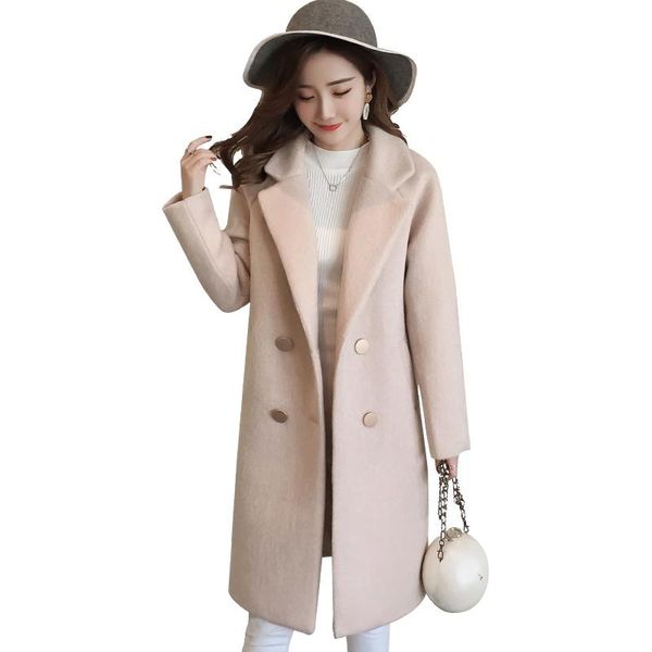 

women's wool & blends autumn winter elegant large size women woolen jacket 2021 casual medium long solid color sleeve, Black