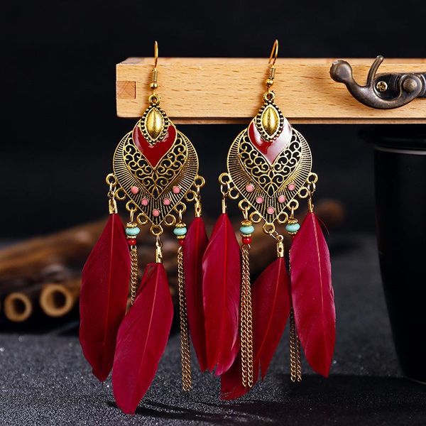 

hoop & huggie style exaggerated personality water drop long-style feather earrings women's bohemian national, Golden;silver