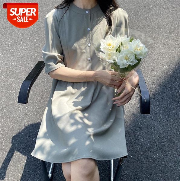 

zhi zhuxi new product korean solid color round neck design french puff sleeve short dress female 678 #ur0k, Black;gray