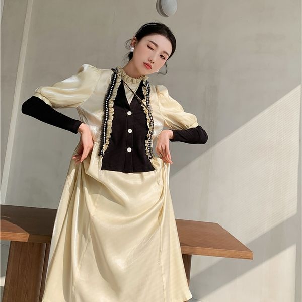 

casual dresses vintage patchwork long sleeve midi women ruffles puff ladies glitter korean fashion clothing uwv1, Black;gray