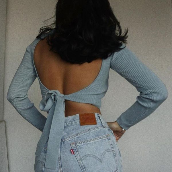 

knitted womens sweater mock neck backless long sleeve lace up female pullover streetwear solid slim ladies short sweaters, White;black