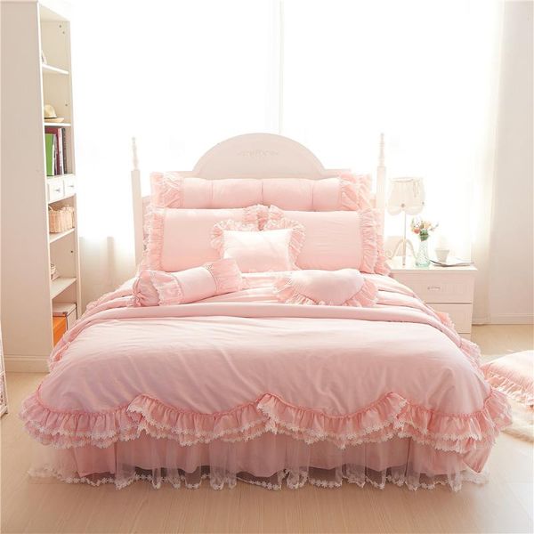 

bedding sets 2021 cotton red pink color lace set duvet cover bed linen tassels luxury princess skirt bedclothes