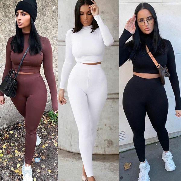 

women's two piece pants sets women solid autumn tracksuits high waist stretchy sportswear crop and leggings matching outfits, White