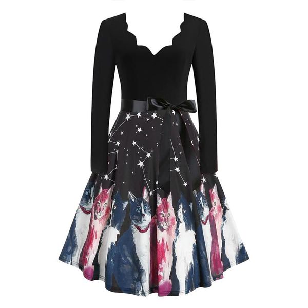 

casual dresses mid length princess dress v-neck vintage long sleeve women halloween1950s housewife evening party, Black;gray