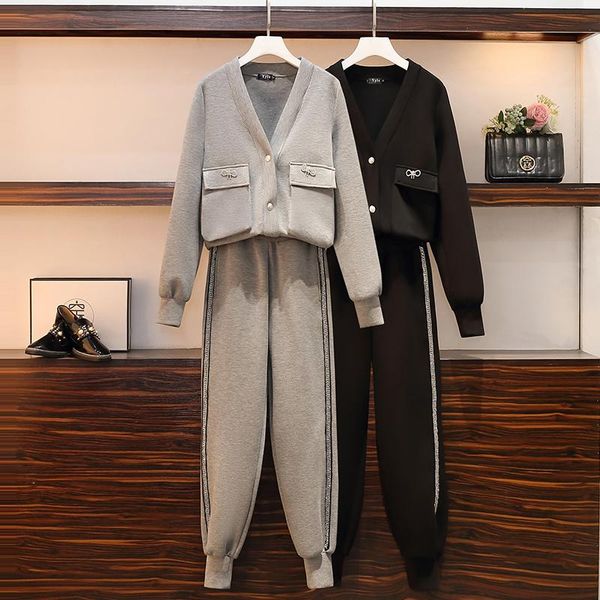 

women's two piece pants casual tracksuit sets oversized v-neck long sleeve women suit winter sport lady set outfit big, White