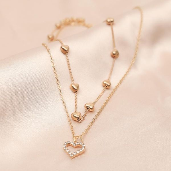 

chains elegant gold color double layer heart necklace shining bling zircon women clavicle chain charm wedding pendant jewelry gift, Silver