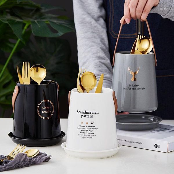 

storage bottles & jars ceramic kitchen cutlery tube with drainer and handle gadget tools organizer box accessories utensil conatiner holder