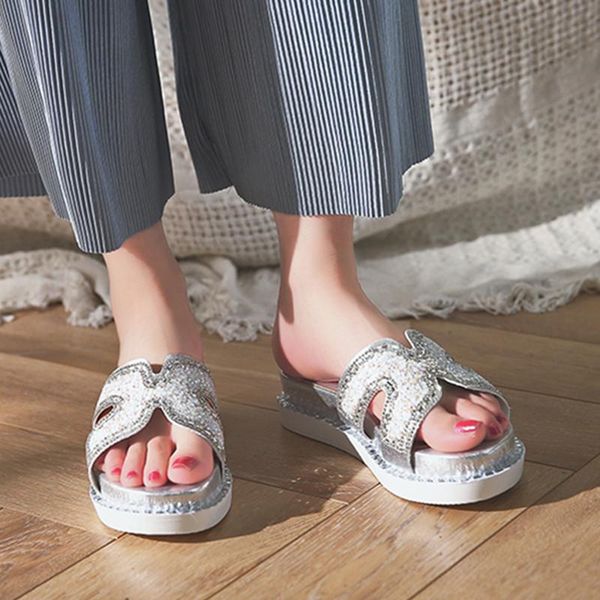 

slippers women rhinestone summer flip flops crystal diamond bling beach casual slip-on platform flats shoes ladies, Black