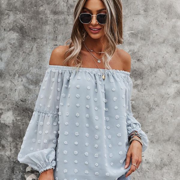

women's blouses & shirts one word neck wool ball embroidery solid color t-shirt women slim crop female streetwear loose long sleev, White