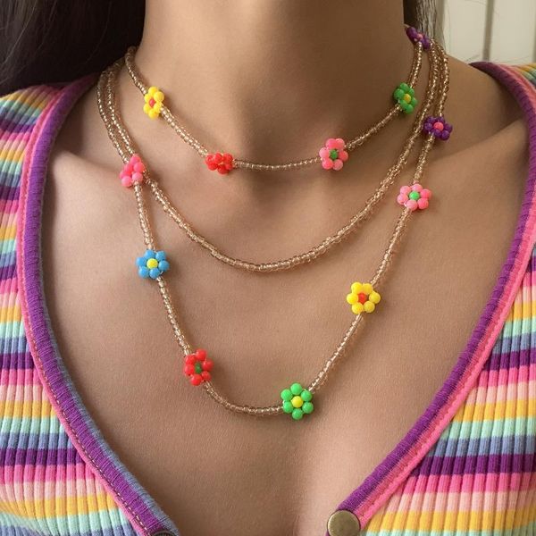 

chokers multilayer handmade rice beads flower short collar necklace for women fashion bohemian colorful daisy choker beach gift, Golden;silver