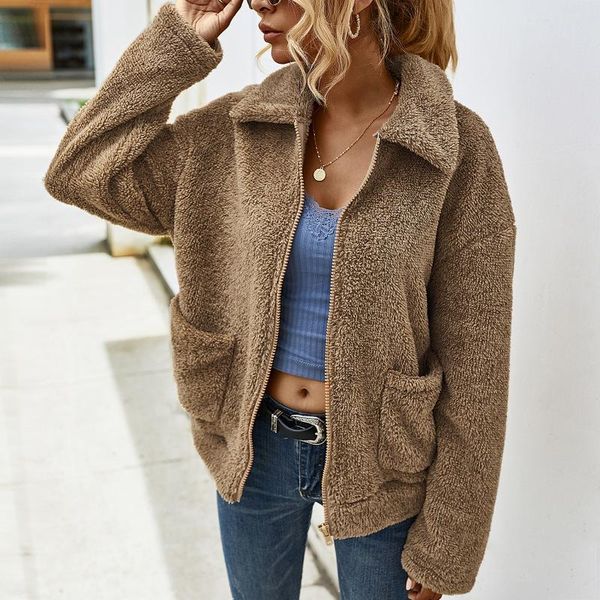 

women's solid color lapel plush jacket autumn winter long sleeve pocket loose casual thick coat khaki xl jackets, Black;brown