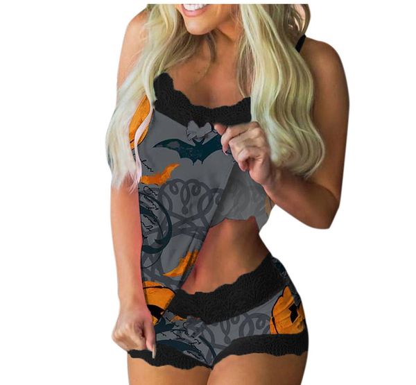 

Halloween tracksuits suspender top and pumpkin print shorts set, Blue;gray