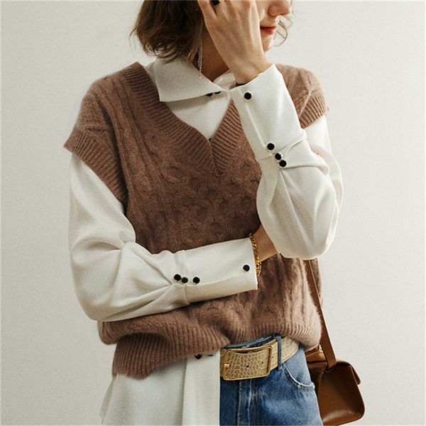 

blue knitted sweater vest women v neck sleeveless oversized pullover vintage fall winter female waistcoat 210430, Black;white