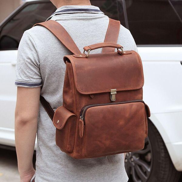 

backpack retro 100% genuine leather men's large capacity lapbag school male shoulder bags travel backpacks