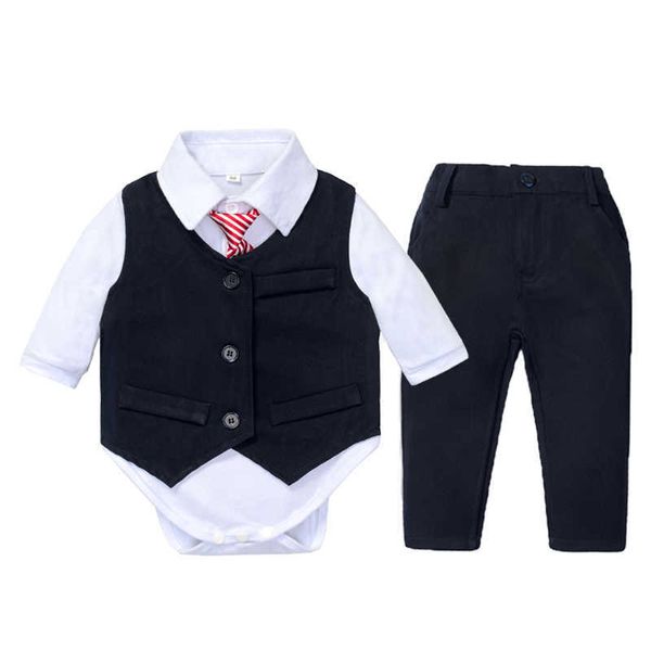 Neonati Boy Abbigliamento Set Gilet Vestito Cravatta Bow Bow Bianco Pagliaccetto per 9 12 18 24 Mesi Party Birth Birth Bambino Gentleman Vestiti G1023