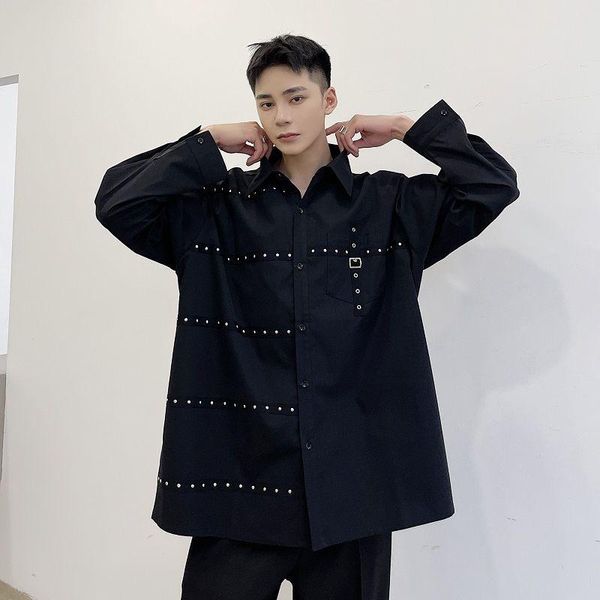

men's casual shirts 2021 autumn turn-down collar long sleeve shirt for men rivet loose japan style male, White;black