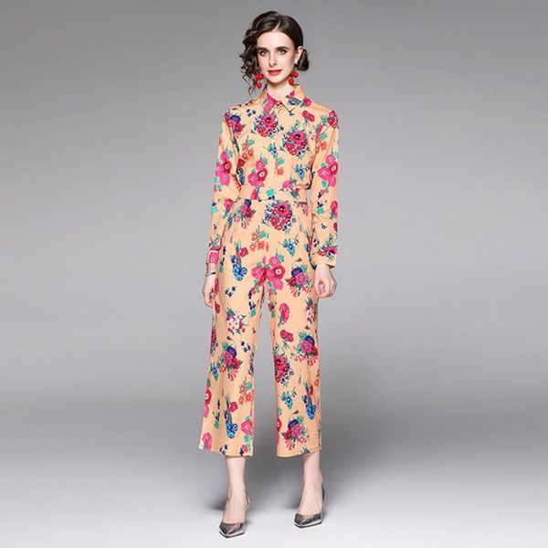 

women's two piece pants llzacoosh elegant floral and trousers set women long sleeve shirt blouse + high waist pocket wide leg pant suit, White