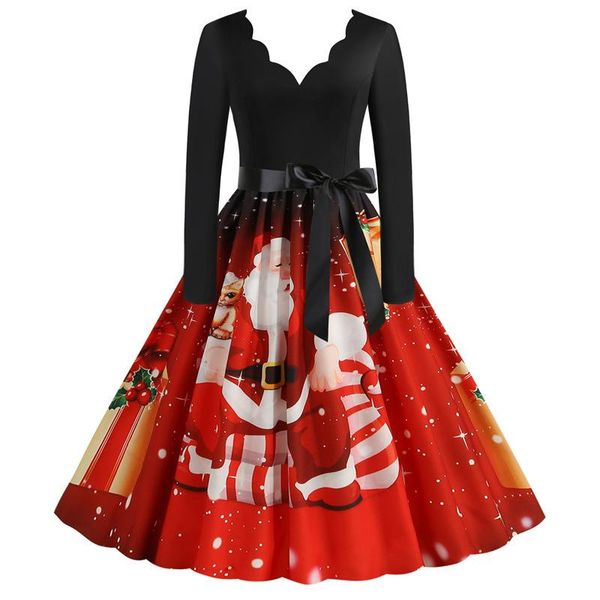 

casual dresses s-3xl santa printed christmas dress women robe long sleeve xmas party 2021 autumn winter vintage plus size clothes bow, Black;gray