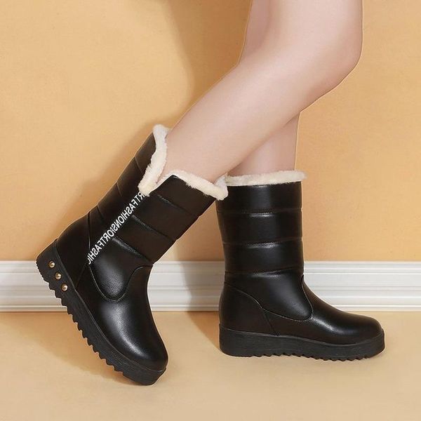 

boots 2021 women pu leather thick bottom ladies winter warm mid-calf snow waterproof non-slip quality plush platform shoes, Black