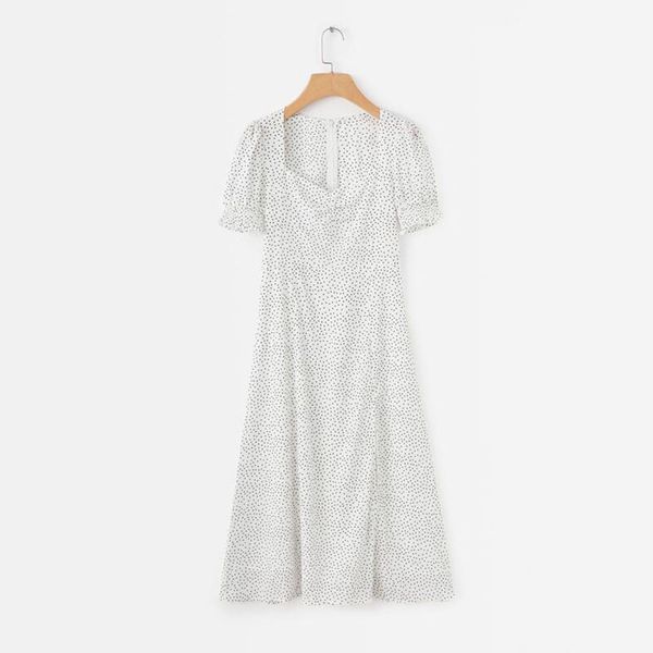 

2021women summer dress 2021 vintage fashion square collar ruffle dresses lady polka dot print split midi white dress vestidos, Black;gray