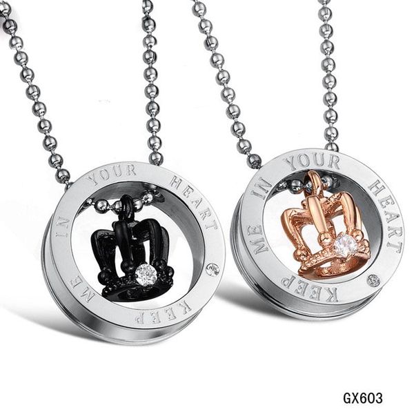 

pendant necklaces black rose gold classic crown couple necklace circle women men rhinestone keep me in my heart christmas gift, Silver