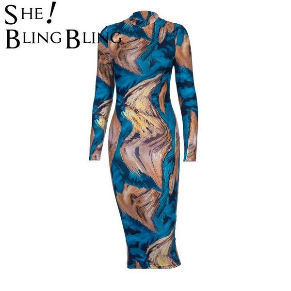 

casual dresses sheblingbling fashion tie dye print women dress long sleeve turtleneck bodycon midi knee length package hip spring, Black;gray