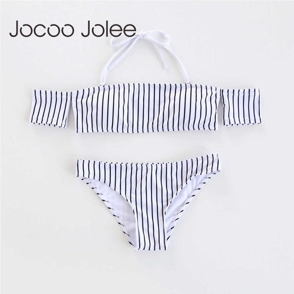 

jocoo jolee striped sets women low waist bra brief sets halter bandage suit summer bathing 210619, Red;black
