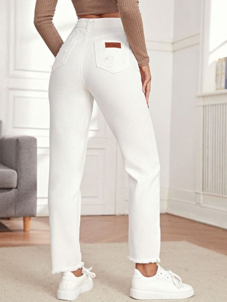 

high waist letter patch ripped raw hem mom jeans j49p#, Blue