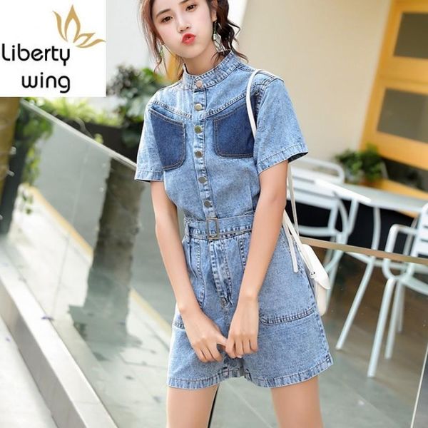 

women's jeans street denim rompers womens summer loose fit wide leg pants fashion high waist female jumpsuit short, Blue