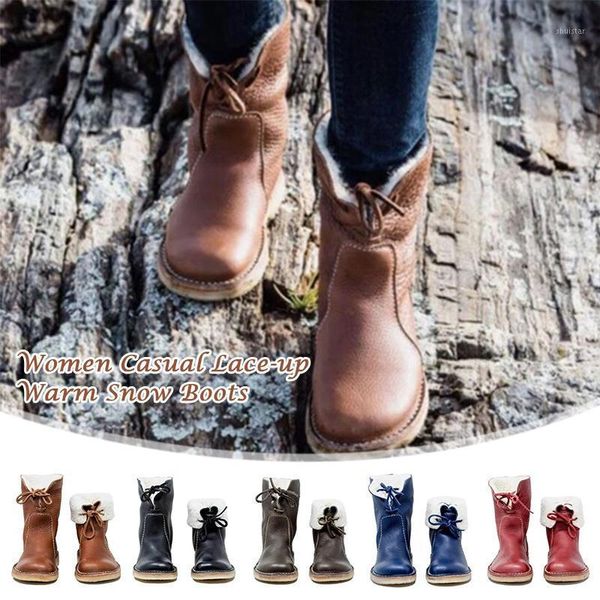 

boots women casual lace-up warm snow pu leather fleece lined low heel winter shoes tc211, Black
