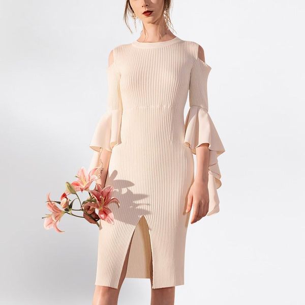 

casual dresses see orange slit party dress women european knitted sweater chiffon flare sleeve bodycon robe vestidos so3361, Black;gray