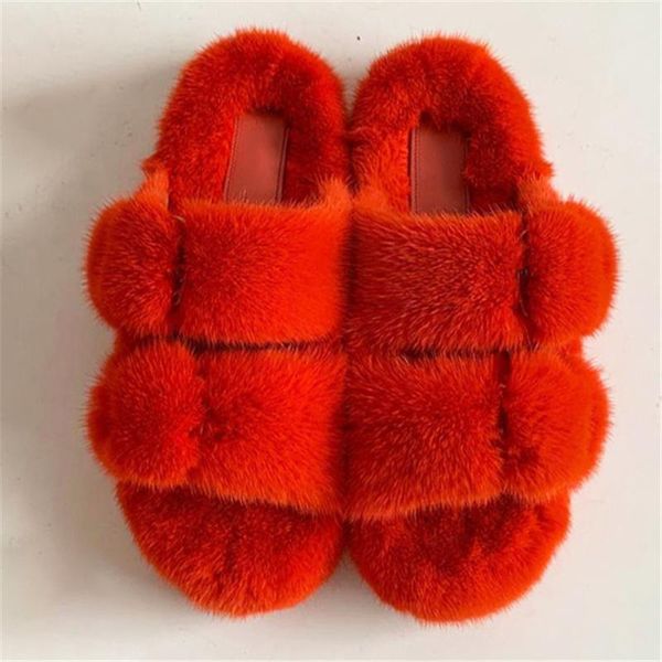 

mink slippers real fur women sandals cute travel shoes, Black