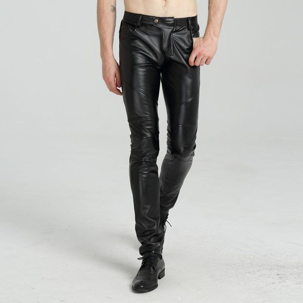 

stretch legged men's leather pants tight skinned slim motorcycle trendy plush pu, Black