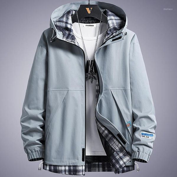 

men's jackets windbreaker 2021 spring autumn fashion patchwork plaid hooded coat male clothing casual 8xl, Black;brown