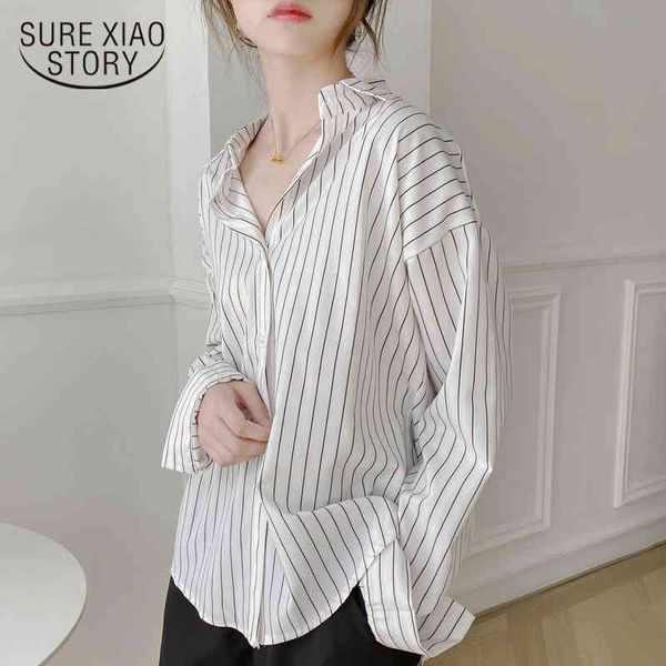 

fashion korean white blouses women casual striped loose plus szie office lady long sleeve cardigan button up shirt 11876 210415