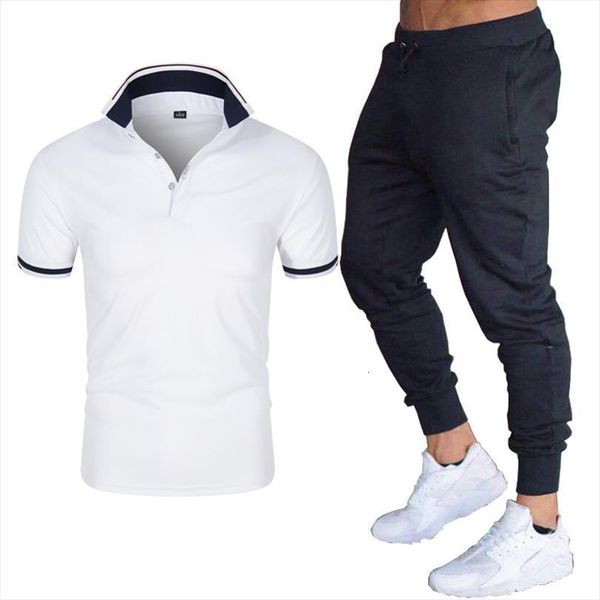 

summer two piece phirt short mens polo sleeved pants suit solid color breathable fitness sportswear, White;black
