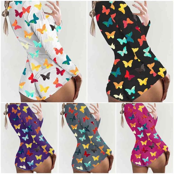 Mulheres Sexy Plus Size Butterfly Imprimir Manga Longa Skinny Macacão profundo V Neck Bonito Pijama Femme Curto Jumpsuit Lady Roupas 210415