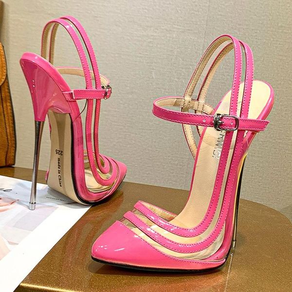 

high heels 16cm baotou sandals shoes pu/pvc women pointed toe thin show modeling female size 46 lady, Black