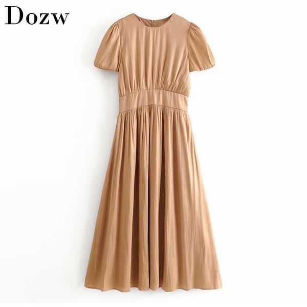 

casual solid midi dress women summer puff short sleeve fashion pleated dress female o neck loose shirt dress sundress vestido 210414, Black;gray